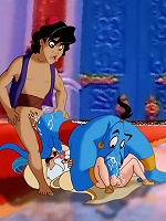 Aladdin strokes the Sultans tool while sucking Genies big fat blue cock